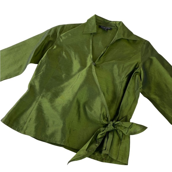 SilkLand Womens Green Shirt Size 4P Petite 3/4 Sleeve 100%Silk Blouse Tie/button - Picture 7 of 16